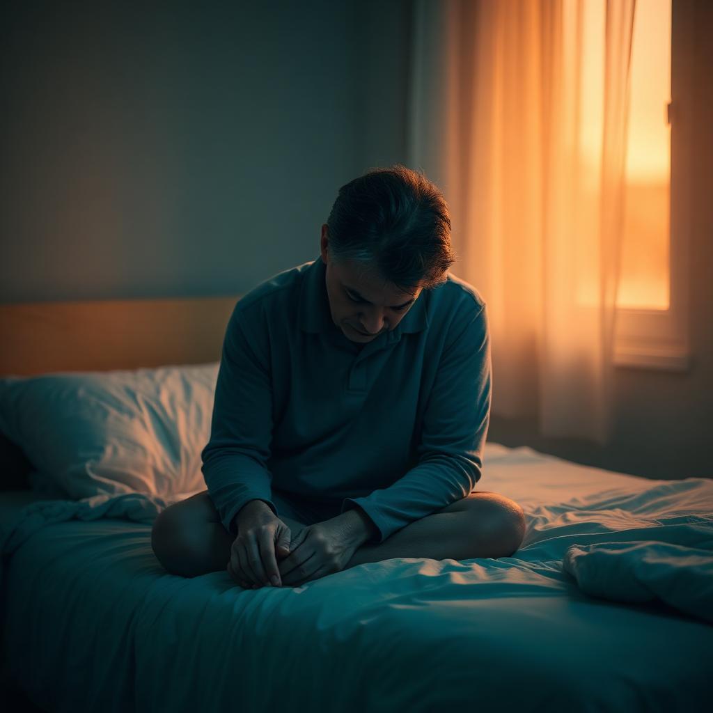 Tired adult sitting on the edge of a bed at dawn — representing fatigue and low vitality