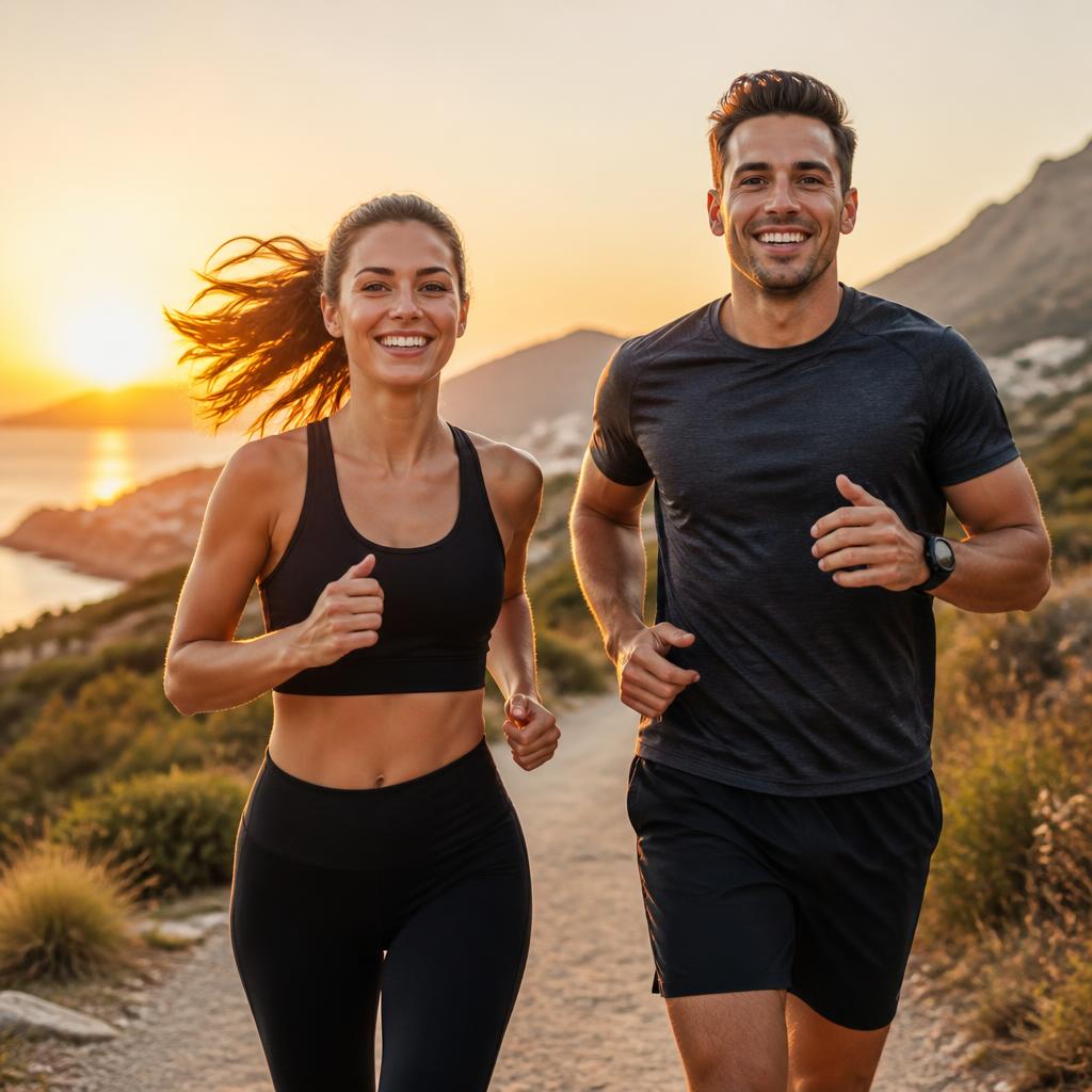 Couple running at sunrise